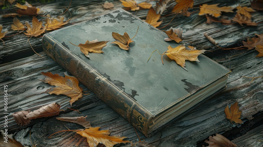 Poster a book with leaves on it. the book is old and has a worn look to it. scene is nostalgic and peaceful