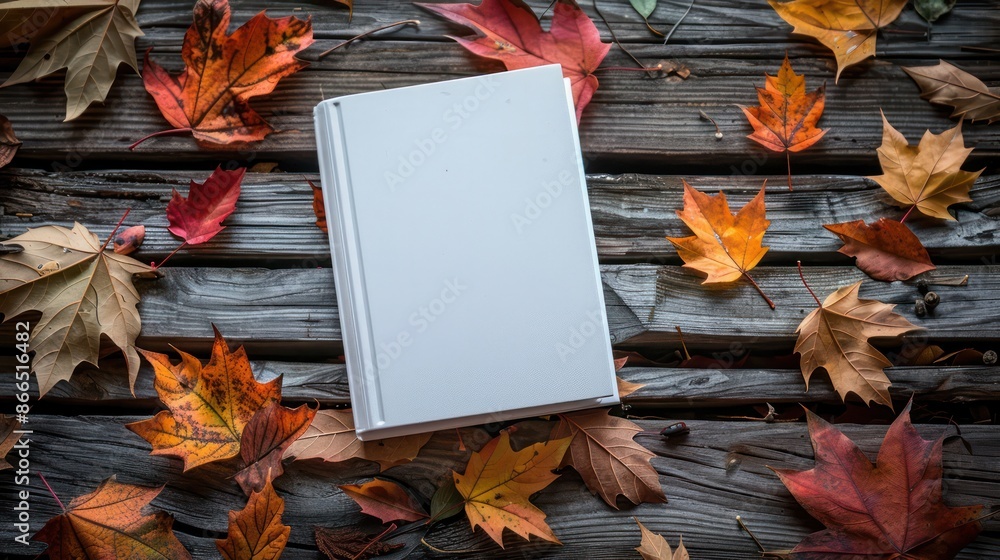 Poster a book is sitting on a wooden table with autumn leaves scattered around it. the book is white and th