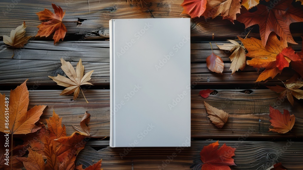 Poster a white book is on a wooden table with autumn leaves scattered around it. the book is open to a blan