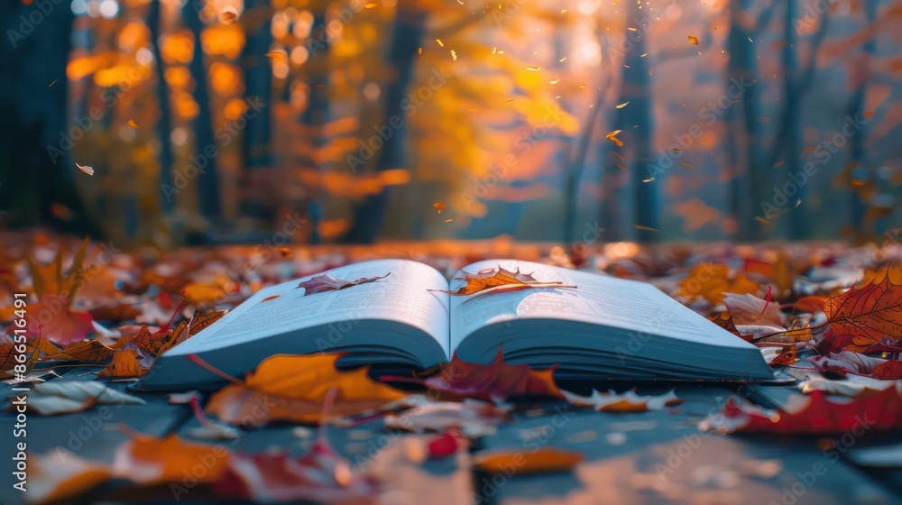 Poster a book is open on a wooden table with leaves scattered around it. the leaves are orange and fall fro