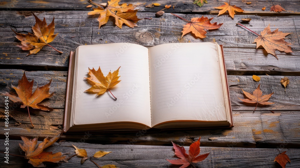 Aufkleber A book is open on a wooden table with a leaf on top of it. The book is open to a page with a blank space. The scene is peaceful