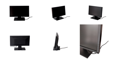 Set of different computer Monitors front, back, angled and Side Views. transparent background.