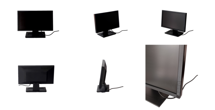 Set of different computer Monitors front, back, angled and Side Views. transparent background.