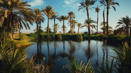 Rural lake surrounded by palm trees