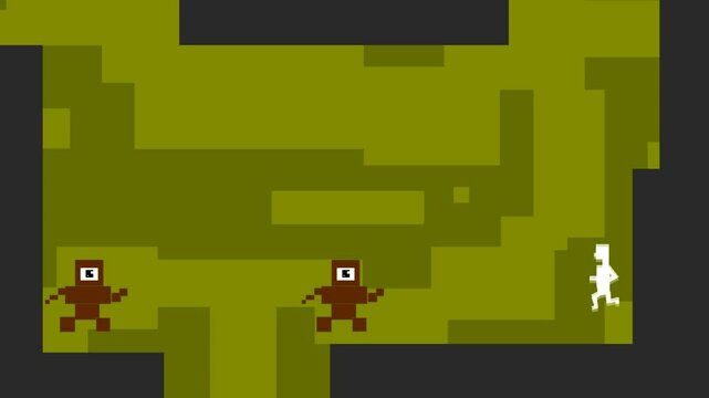 Old game pixel art animation of a man running and shooting monsters, vintage.