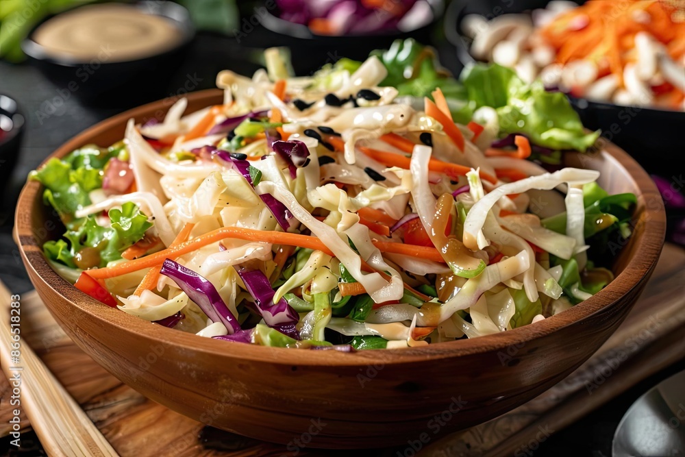 Wall mural Colorful fresh vegetable salad in wooden bowl with dressing on side. Perfect for healthy eating and diet concepts.