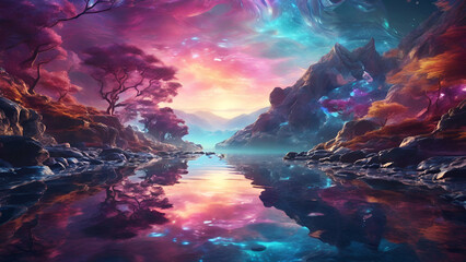 Colorful Neon Landscape of Lake and Mountains