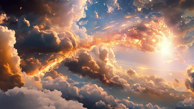 A fiery comet streaks across a sea of silver clouds carrying a group of travelers to a realm of celestial wonders.