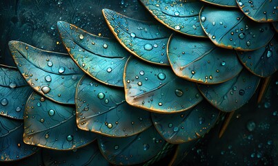 Fototapeta premium Enthralling fantasy backgrounds adorned with iridescent scales, reminiscent of a verdant forest dragon or shimmering mermaid, captivate with a kaleidoscope of green, blue, and metallic hues.