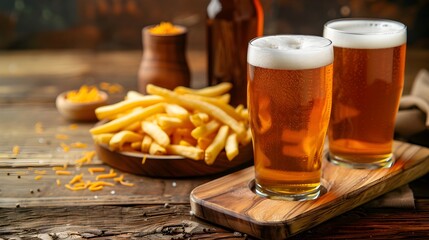 Golden Lager Pint Glasses and French Fry Snacks on Rustic Wooden Table