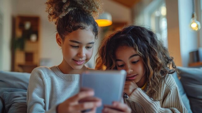 Young Multiracial Teenager Sisters Engrossed in a Tablet at Home. Generative ai