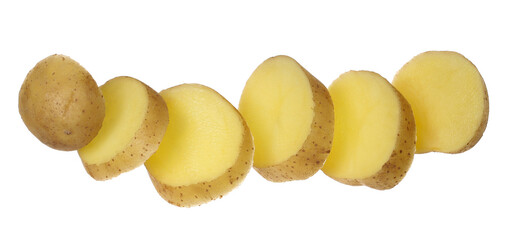 Fresh raw potato slices flying isolated on white, clipping path