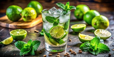 Fototapeta premium Fresh mojito with lime and mint on a wooden board.