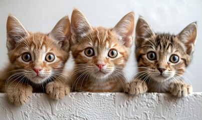 Three adorable orange tabby kittens peek over a blank banner, offering a space for pet adoption, shelter, rescue, and help info.