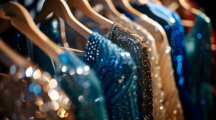 Luxurious evening dresses in sequins on hangers in the fitting room.