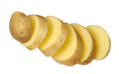 Fresh raw potato slices flying isolated on white, clipping path