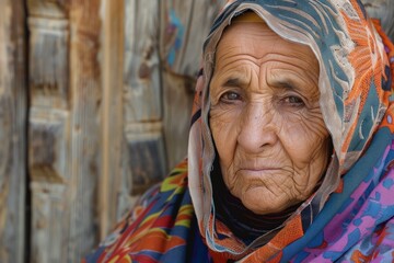 Naklejka premium Closeup of a thoughtful elderly woman in colorful traditional attire, with a rustic background