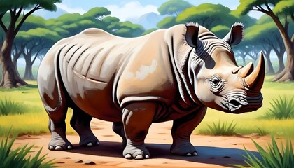 Illustration of a Rhinoceros Standing in the Savannah