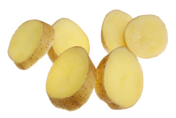 Fresh raw potato slices flying isolated on white, clipping path