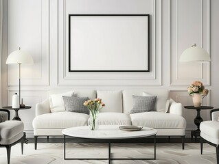 Fototapeta premium Empty frame mockup in contemporary living room with white sofa, black coffee table, and spring decor. Minimalist style with soft lighting for showcasing wall art. High resolution.&nbsp;