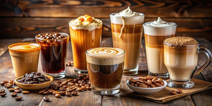Variety of gourmet coffee drinks on a wooden table.