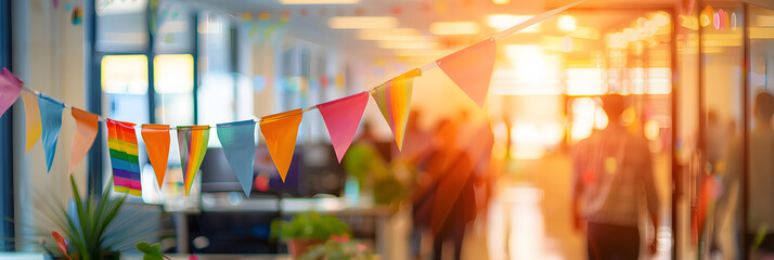 Celebrating pride month in the office. Blurred open plan vibrant creative workplace image with rainbow bunting and gay lgbtq party flags. Inclusive