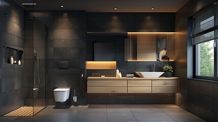 Architecture, sleek and modern small bathroom with gray tiles and minimalist design, featuring a well-lit vanity area.