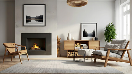 Modern Clean Living Room with fireplace seamless unique mockup design, stunning background