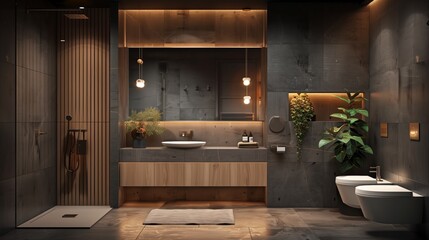Architecture, sleek and modern small bathroom with gray tiles and minimalist design, featuring a well-lit vanity area.