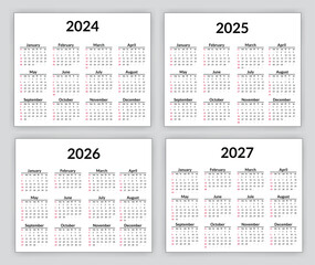 2024, 2025, 2026 and 2027 calendar set. Week starts on Sunday. Simple calendar layout. Yearly diary. Minimal stationery template with 12 months, in English. Pocket or wall formats