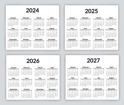 2024, 2025, 2026 and 2027 calendar set. Week starts on Sunday. Simple calendar layout. Yearly diary. Minimal stationery template with 12 months, in English. Pocket or wall formats