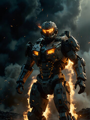 Fototapeta premium Battle Robot Engulfed in Flames