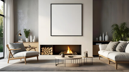Modern Clean Living Room with fireplace seamless unique mockup design, stunning background
