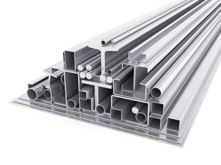 Different metal steel products. steel galvanized. metal industry. 3D rendering.