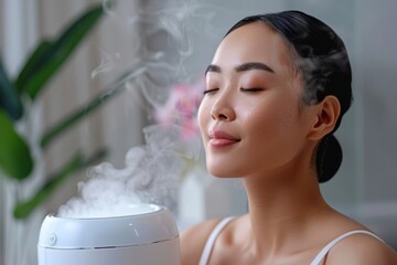 Young woman enjoying a facial steam treatment at home for relaxation and skincare therapy, leaning towards a vaporizer in a serene setting.