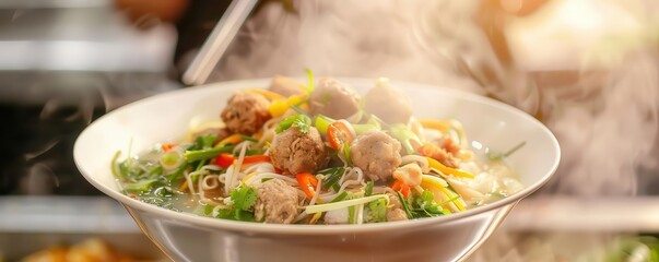 A steaming bowl of delicious pho with chopsticks hovering above it