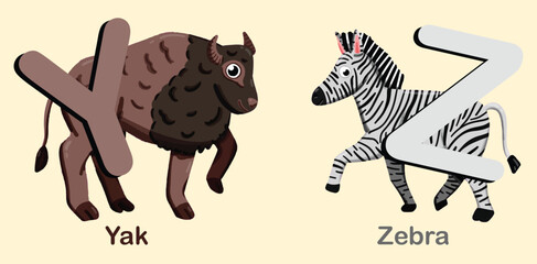 Colorful vector image of A to Z animals, featuring illustrated letters with corresponding animals. English educational materials, posters, and kids' learning tools. Cute cartoon animals. 