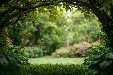 Discover the serene and enchanting garden gateway surrounded by lush greenery, vibrant blossoming plants, and tranquil trees, creating a peaceful paradise