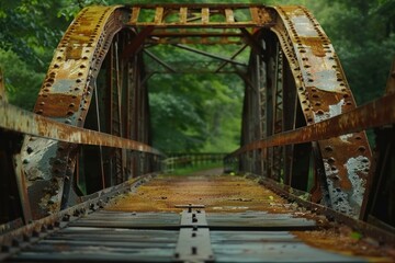 Weathered rusty bridge with verdant forest background, symbolizing decay and nature's reclaim