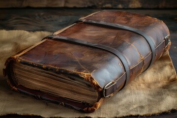 A close-up of a vintage leather-bound book tied with leather straps, showcasing its aged and worn cover, symbolizing wisdom, history, and the passage of time.