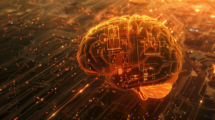 A digital image of a brain integrated with a microchip, symbolizing the fusion of artificial intelligence and human cognition.