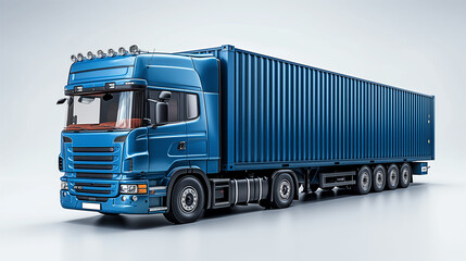 Modern blue truck with a container on a gray background. 3d rendering