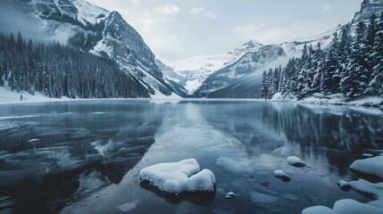 Frozen lake and snowy mountains. Serene winter scene of a frozen lake reflecting snow capped mountains and pine trees © Lull