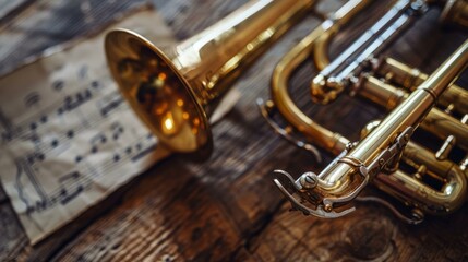 Trumpet and sheet music on rustic wood. A vintage trumpet rests on a wooden table with aged sheet music, capturing the essence of musical history and passion.