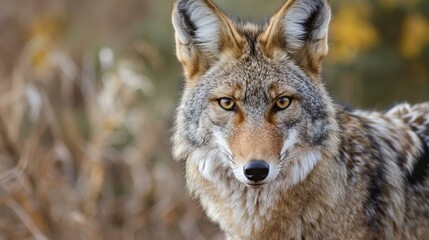 Obraz premium Intense gaze of a wild coyote. A close-up portrait of a wild coyote with intense golden eyes, showcasing its beautiful and fierce nature in its natural habitat.
