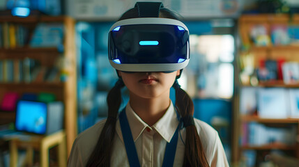 School student with VR headset using AI artificial intelligence technology 