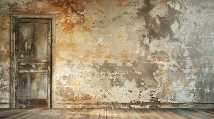Rustic room with old door and grunge wall. Empty room with distressed wall, rustic wood floor, and weathered door. Perfect for vintage or antique themes, renovation projects, or interior design.