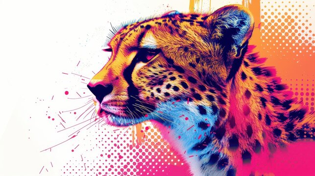 Vibrant Pop Art Cheetah Portrait with Bold Colors and Abstract Background
