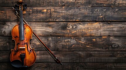 Naklejka premium Violin and bow on rustic wood background. Overhead view of a violin and bow on a rustic wood background, perfect for music or vintage-themed projects.