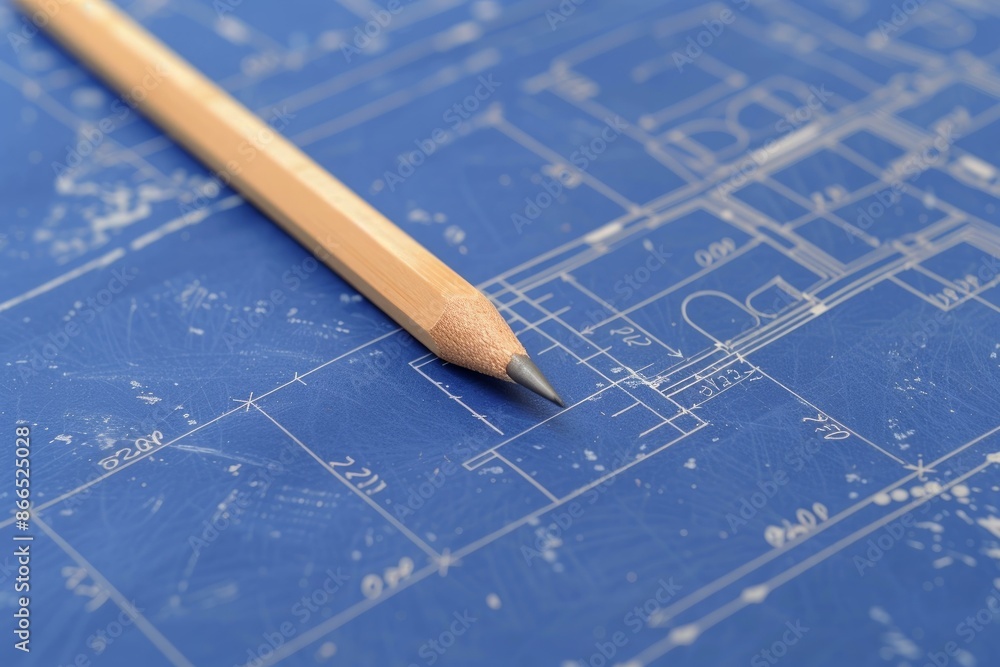 Poster macro shot of a sharp pencil lying on a detailed architectural blueprint